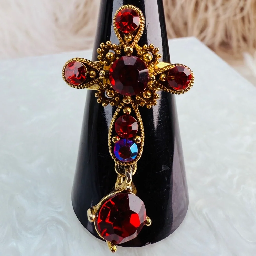 Goldtone, red bling, cross, charm, dangle adjustable costume ring